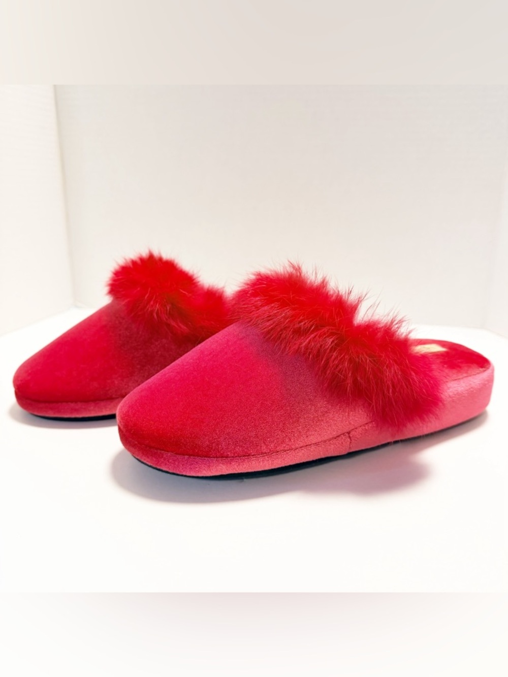 Laura Ashley Red Faux-Fur Trim Velvet Slip-On Slippers